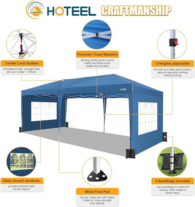 HOTEEL 10x20 Pop up Canopy with 6 Sidewalls, One Push Instant Setup Outdoor Canopy Tent with Reinforce Rod, Weight Bag, for Parties, Events, Blue