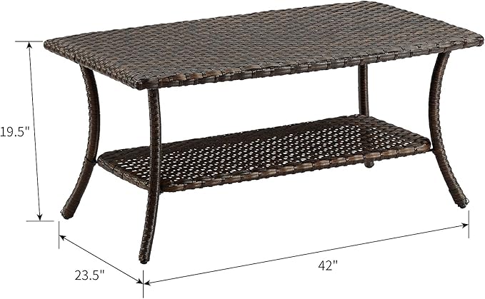 Patio Tables Outdoor Coffee Table - Wicker Rattan Coffee Tables with 2-Tier Storage Shelf Side Table for Porch Deck Balcony Garden Outside Rectangle Brown