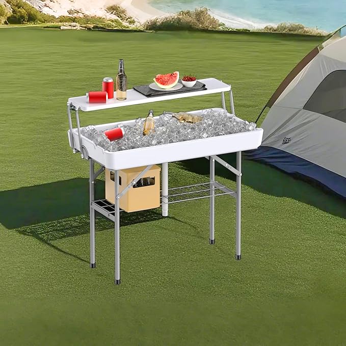 Portable Folding Ice Cooler Table with Skirt & Drain & Shelving, Outdoor Foldable Drink Ice Table with Storage for Camping, Picnics, BBQ & Parties,