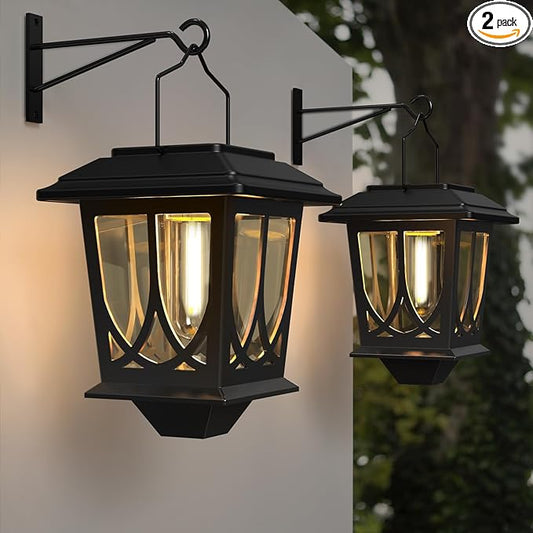 Solar Lanterns Outdoor Waterproof 2 Pack, Glass Auto On/Off LED Hanging Solar Lights, Outdoor Lantern with Wall Mount for Yard Fence Patio - Black