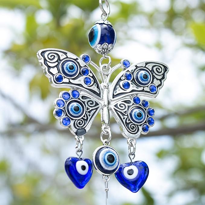 Turkish Blue Evil Eye Butterfly Wall Hanging with Crystal Suncatcher Ornament for Home Decor Protection Good Luck Blessing Housewarming Birthday Gift