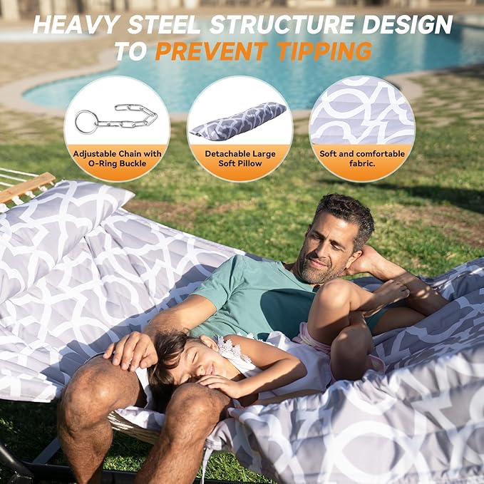 2 Person Outdoor Hammock with Stand, Cotton Rope Hammock with Polyester Pad, Adjustable Steel Frame, Portable with Carrying Bag – for Patio, Backyard, Garden, Beach, White-Gray