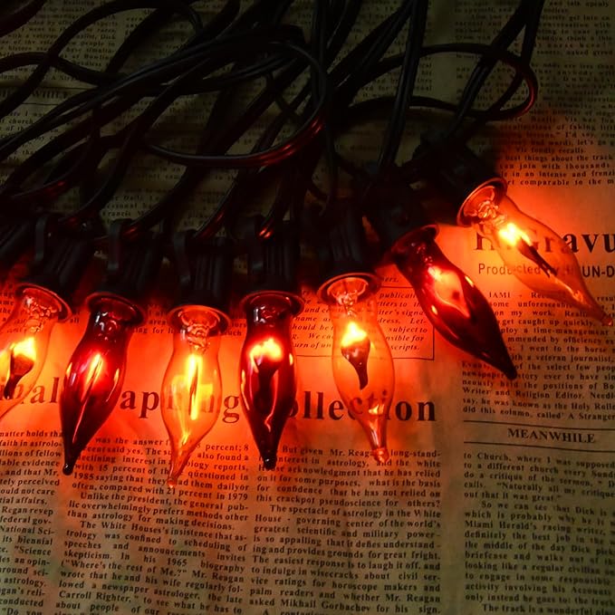 27.8 FT Halloween Decorations, C7 Clear Orange and Purple Halloween Lights, Flickering Flame String Lights Outdoor, E12 Screw Base, Flame String Lights for Halloween Garden Patio Party Decor, Black