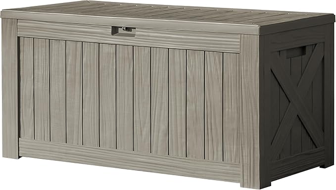 Devoko 120 Gallon Deck Box Resin Outdoor Storage Box Waterproof for Patio, Large Outdoor Storage Bench Lockable for Outside (Brown)