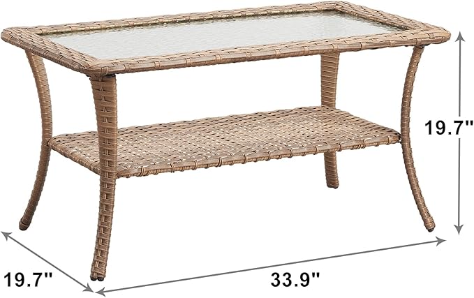 Patio Tables Outdoor Coffee Table - Wicker Rattan Coffee Tables with 2-Tier Storage Shelf Glass Top for Outside Proch Deck Balcony Garden Rectangle Yellow