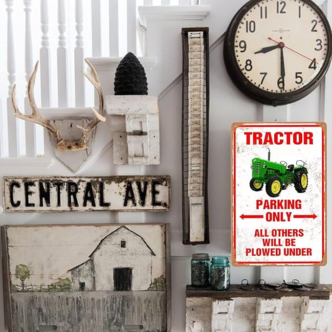 Tractor Tin Signs Antique Tractor Wall Decor Outdoor Tractor Crossing Signs Metal Tractor Parking Only All Others Will Be Plowed Under Sign Tractor Crossing Road Sign Red Tractor Gifts For Men Farming