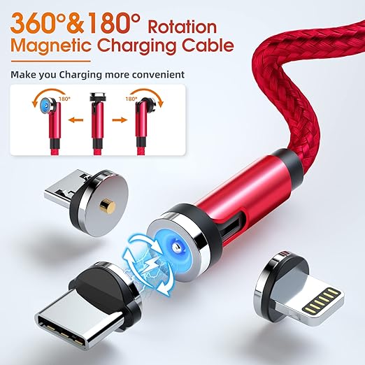 Magnetic Charging Cable, 540° Rotating Magnetic Phone Charger [6-Pack, 3ft/3ft/3ft/6ft/6ft/10ft] 3 in 1 Magnetic Charger Cable Nylon Braided Magnetic USB Cable for iProduct/Micro USB/Type C Device-Red