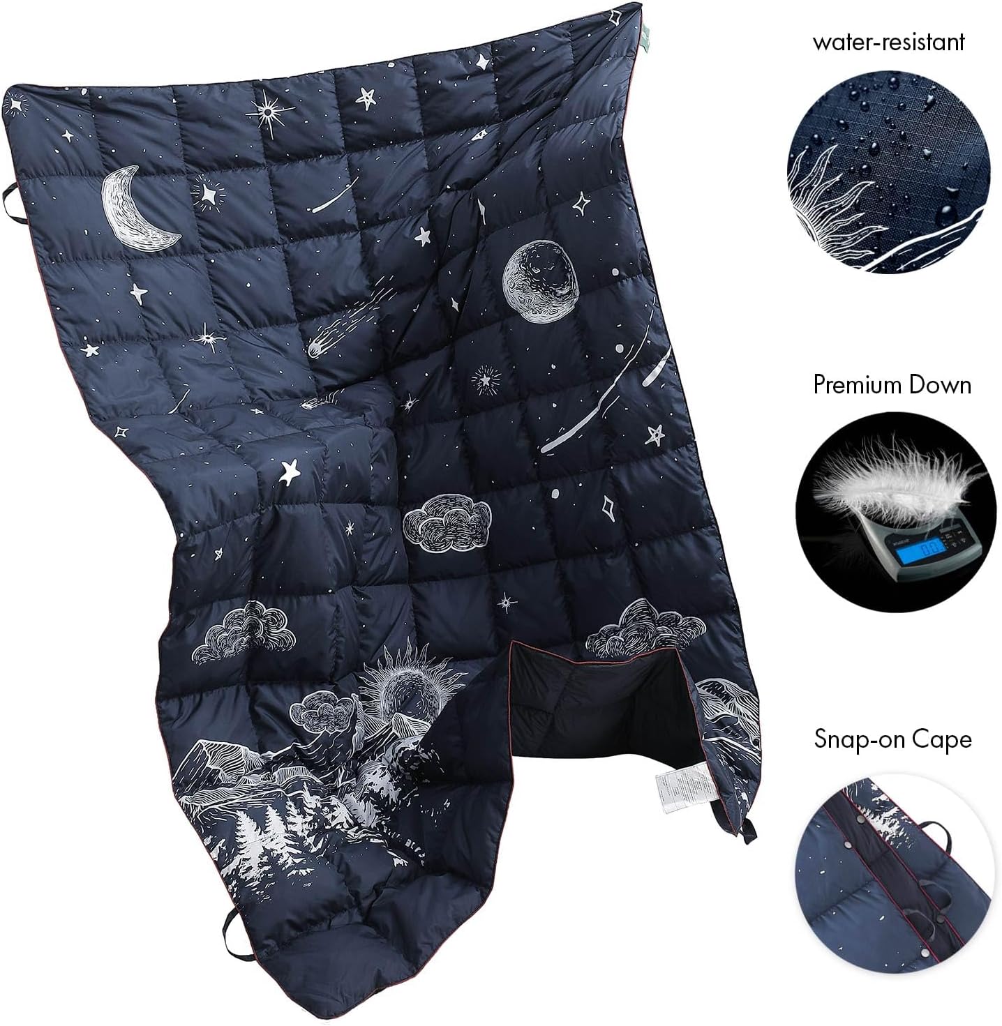 Down Camping Blanket, Ultralight Compact Packable Throw with Snaps for Outdoor Indoor, Travel Stadium Concert Picnic Beach, Puffy 650 Fill Down Water-Resistant Quilt (Midnight Sunrise)