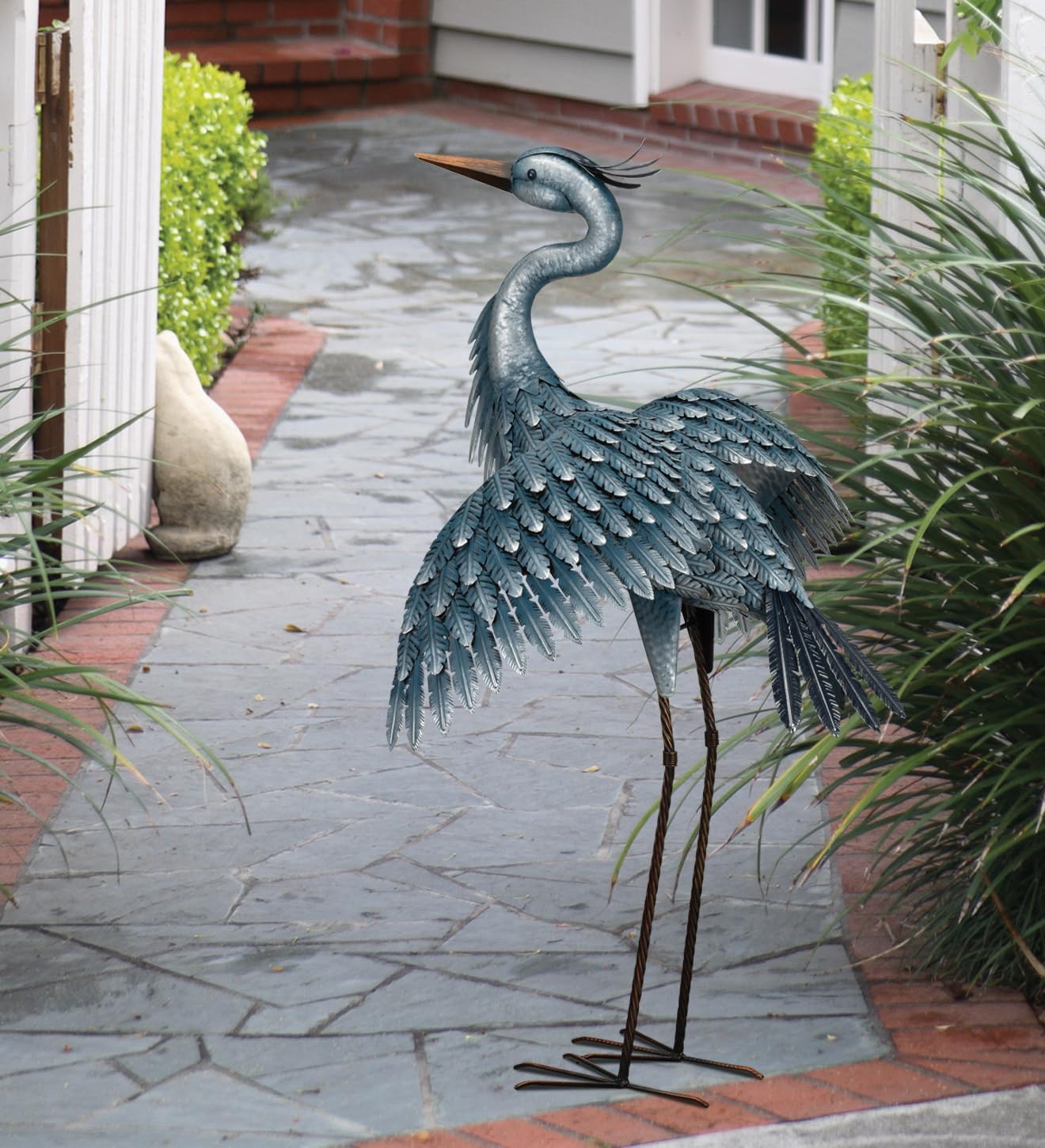 Regal Art & Gift Outdoor Garden Décor, Unique Bird Sculpture, Rustic Metal Bird Statues, Garden Ornaments, Bird Figurine for Lawn, Decorative Sculpture, Heron, Blue, Wings Down, 41"height