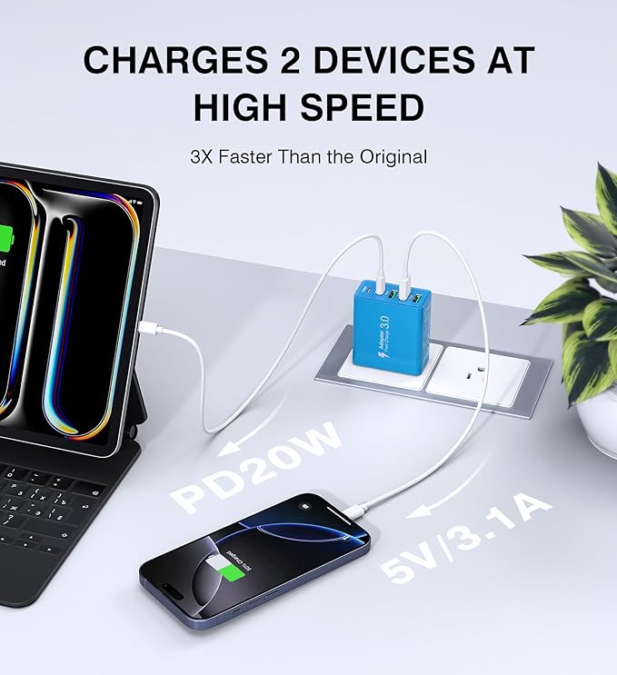 [2-Pack] USB C Wall Charger, 50W USB C Charger Block 5-Port PD Fast Charging Blocks,2USB C+3USB A Multiport Plug,Type C Power Adapter Brick Cube for iPhone 16/15/14/Pro,iPad,Samsung,for Switch（Blue）
