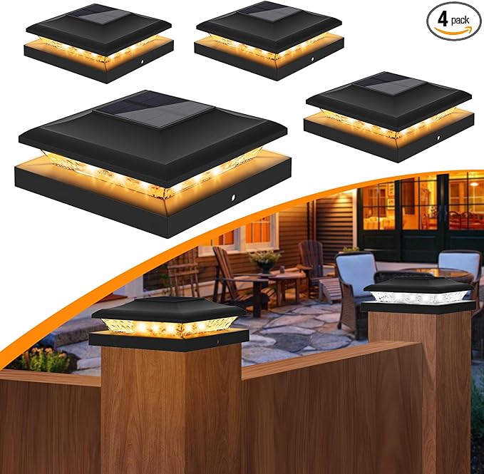 4 Pack Solar Post Cap Light Outdoor Fence Cap Lights 2 Color Modes 24 LEDs for Wooden/Vinyl Post, Waterproof Deck Patio Decoration Fits 5x5, 5.5x5.5 or 6x6 Wooden Posts (3000k/6000k)