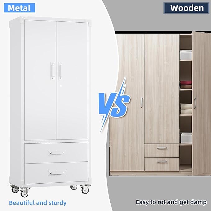 Upgraded Metal Garage Storage Cabinet with Wheels and 2 Drawers, Rolling Tool Cabinet with 3 Shelves and Pegboard Behind The Door for Home Office Garage,Assembly Required,White