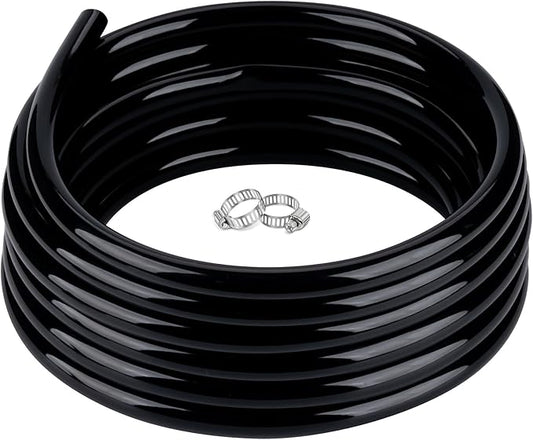 3/8" id - 50ft Black Vinyl Tubing Flexible PVC Tube Hybrid Hose Transfer Water Fuel Gas for Pond Fountain Garden Waterfall, Durable and Safe, with 2 Hose Clamps