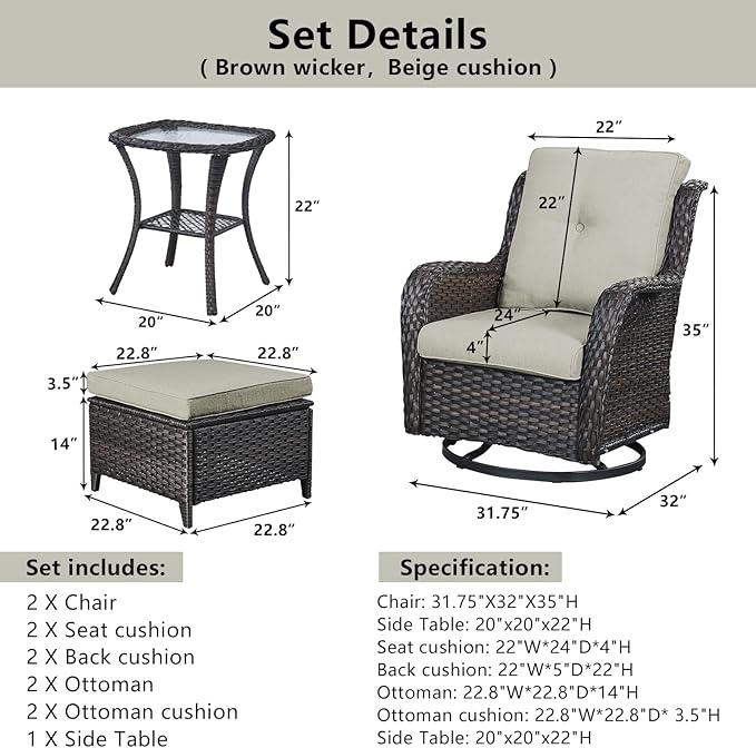 5 Pieces Patio Furniture Sets Wicker Outdoor Furniture, Rattan Patio Swivel Glider Chairs with 2 Ottoman and Glass Side Table