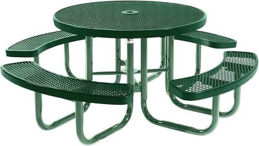 Heavy-Duty Portable Outdoor Picnic Table with Umbrella Hole, Expanded Metal Commercial-Grade Patio Furniture Made in America (46" Round Top, Green with Green Frames)