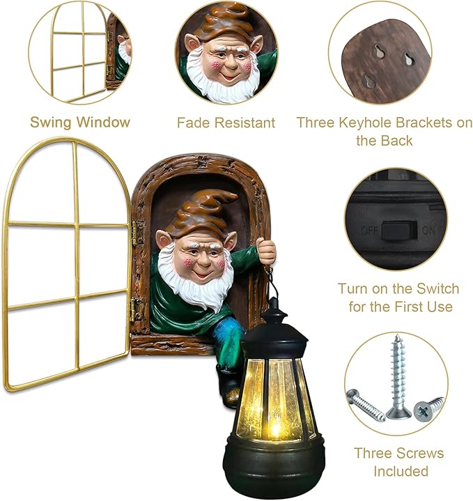 Fairy Garden Statues Gnomes Solar Lantern - Whimsical Elf Out The Door Tree Hugger Figurines Fence Wall Yard Art Home Decor Outdoor Tree Face Sculpture, Ideal Birthday Housewarming Decorations Gifts