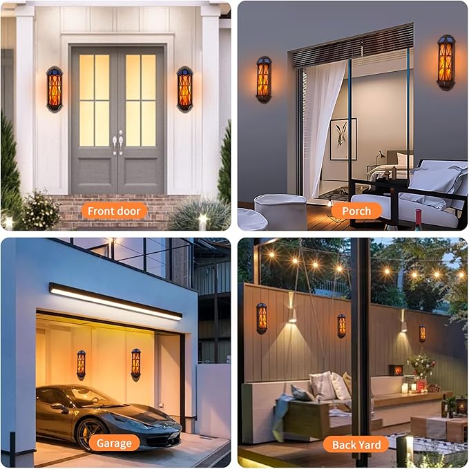 Solar Flame Lights Outdoor, Upgraded 74 LED Flickering Flame Lights, Solar Powered Auto On/Off, Outdoor Waterproof Wall Lanterns for House Garage Doorway Garden Porch Patio Yard Decoration (2 Pack)