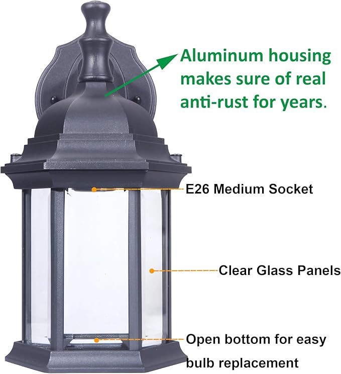 LIT-PaTH Outdoor Wall Lantern, Wall Sconce as Porch Lighting Fixture, E26 Medium Base Max 60W, Aluminum Housing Plus Glass, Matte Black Finish, 2-Pack