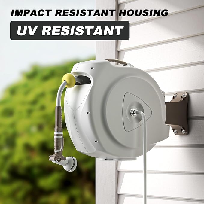 Retractable Garden Hose Reel, 1/2 in 100+6 ft, Heavy Duty Wall Mounted Water Hose Reel, Spring Power Automatic Rewind, Any Length Lock, 180° Swivel Bracket, 10 Pattern Spray Nozzle