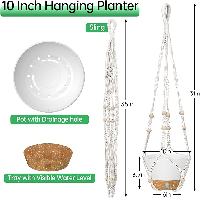ZMTECH 2 Pack 10 Inch White Hanging Planters with Macrame Plant Hanger for Indoor and Outdoor Plants, Self Watering, Drainage Hole, Visible Level Tray