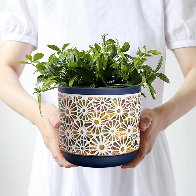 3 Piece Ceramic Plant Pots, 5.7/4.7/3.5/inch Planters with Drainage Hole, Outdoor Indoor Flower Pots Set, Modern Decorative Plant Pots for Lilies, Cacti, Succulents, Snakes, Bamboo(Blue)