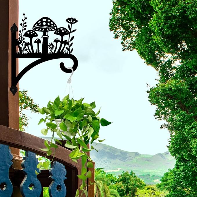 peacoblue Iron Plant Hangers Hook for Outdoor Indoor Hanging Plant Flower Fern Pot Lantern Bird Feeder,12"x15" Weather Resistant Metal Wall Holder for Porch Garden Farmhouse(Mushroom and Wildflower)