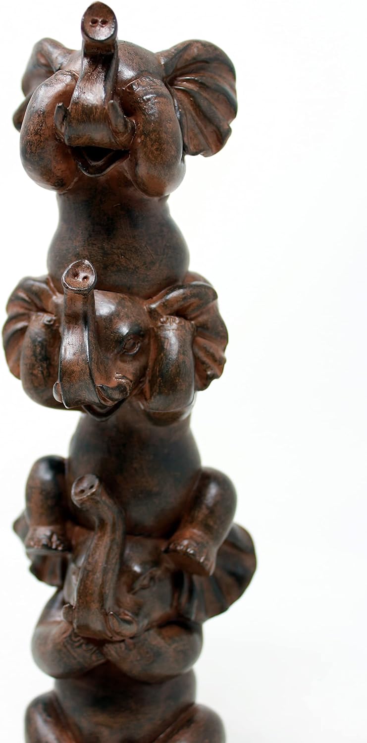 Nature's Mark See Hear Speak No Evil Elephants Totem Statue 9" Tall Jungle Safari Wildlife Acrobatic Elephants Figurine Decor Sculpture Pole Resin Home Decorative Accent (Brown)