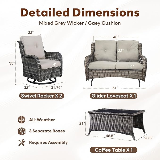 4 Piece Patio Furniture Set - Outdoor Glider Bench with Swivel Rocker Chairs and Coffee Table, High Back Small Outdoor Conversation Furniture Sets for Deck Sunroom Balcony Backyard