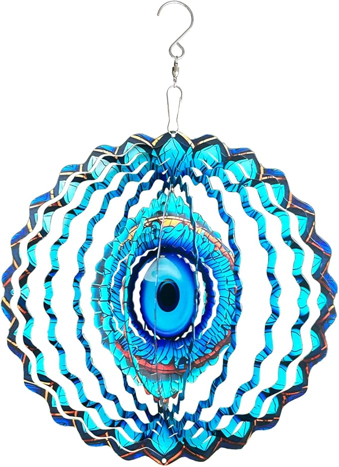 3D Wind Spinner Mandala 10 Inch Evil Eye Stainless Steel Wind Sculpture Blue Hanging Ornament Laser Cut Metal Art for Indoor Outdoor Garden Decoration Protective Amulet for Home and Yard