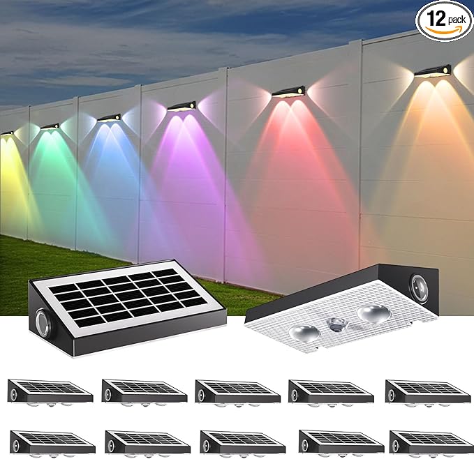 OUTON Solar Fence Lights Outdoor, 3-Side RGBCW Fence Light Solar Powered, 10 Modes Dusk to Dawn Auto ON/Off Deck Lights, IP65 Waterproof Outside Light for Garden Step Patio Backyard Wall, 12-Pack