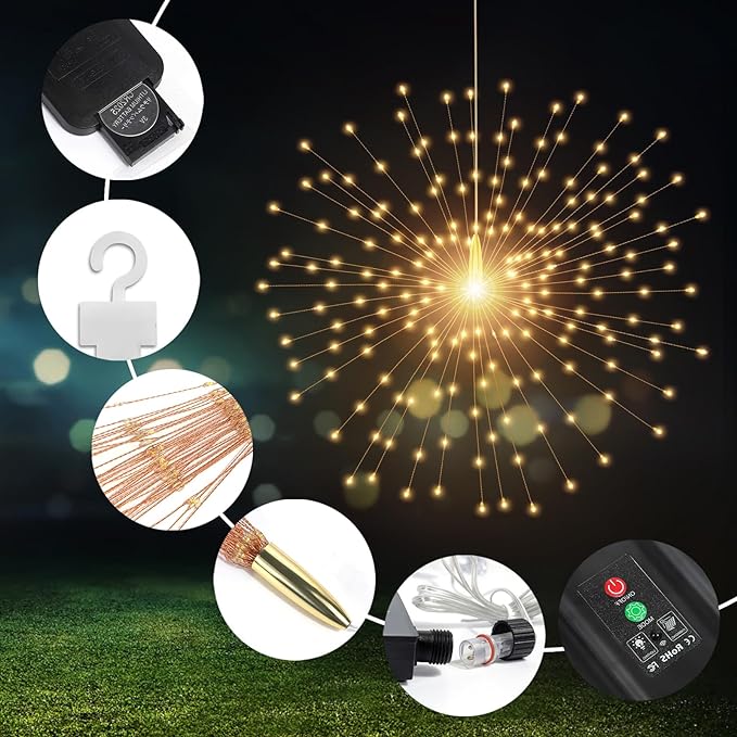 5 Pcs 1000LED Solar Starburst Sphere Lights,Firework Lights Remote Control Timer 8 Modes Dimmable Waterproof Hanging Fairy Lights, Sparkly Lights for Patio Garden Tent Outdoor(Warm White)