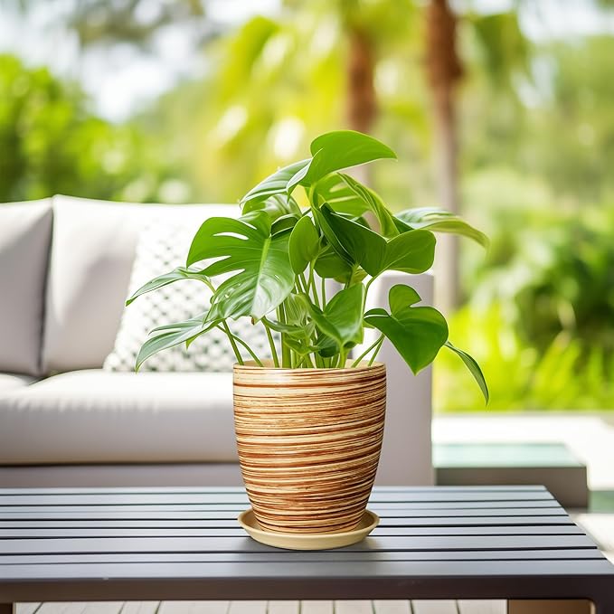 8 Inch Plant Pot, Ceramic Planter with Drainage Hole and Saucer Large Flower Pot for Home Patio Garden Office, Yellow