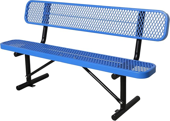 6FT Outdoor Benches Heavy Duty Park Bench with Back Portable Frame, Blue Metal Steel Bench, Outdoor Garden Bench Expanded Metal Mesh Bench for Lawn, Park, Deck, Garden, Patio, Porch, Black (Blue, 6FT)