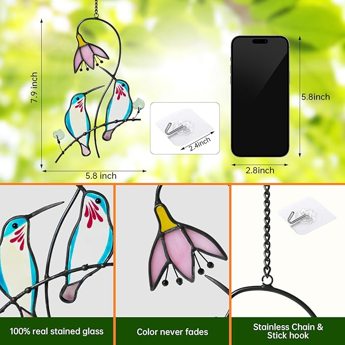 2 Hummingbirds Stained Glass Suncatcher for Windows Hangings Ornament, Hummingbird Sun Catchers Gifts for Women,Indoor Window Decor, Memorial Gifts for Mom/Bird Lovers