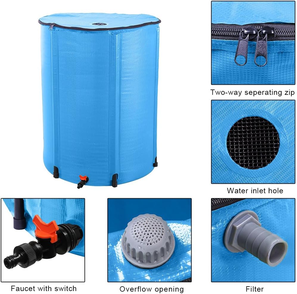 Collapsible Rain Barrel, 100 Gallon Portable Rainwater Collection System, Rain Catcher Barrel, Water Storage Tank with Spigots and Overflow Kit, Rain Water Barrel Collector for Garden, Blue