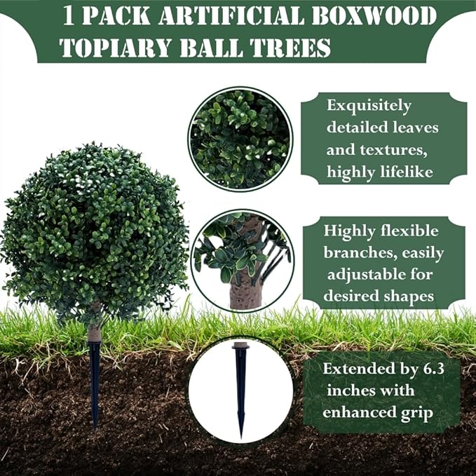 23.6 Inches Artificial Boxwood Topiary Ball Trees for Outdoor with Ground Spike, Faux Bushes UV Resistant Faux Greenery Shrubs, Fake Boxwood Plants for Indoor, Front Porch Decor, Garden, Yard