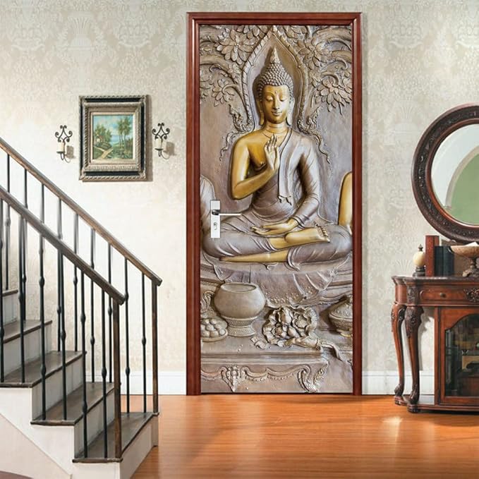 3D Door Stickers - Buddha Statue Murals - Peel & Stick Wallpaper - Self-Adhesive Decals - Removable PVC Waterproof - Bedroom & Living Room - 33.9" x 78.7"