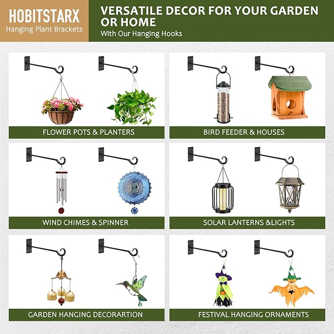 Heavy Duty Plant Hangers Outdoor- Hand-Forged Hanging Plant Brackets - 2 Pack 12 Inch Black Wrought Iron Wall Plant Hooks for Hanging Plants, Lanterns, Bird Feeders