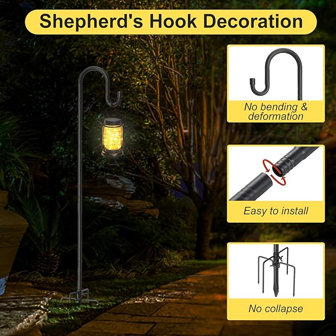 78 Inch Extra Tall Shepherd Hooks for Outdoors, Heavy Duty Metal Garden Hooks for Hanging Plants, Bird Feeders, Lanterns – Rust-Proof Steel with 5 Fork Base, Black