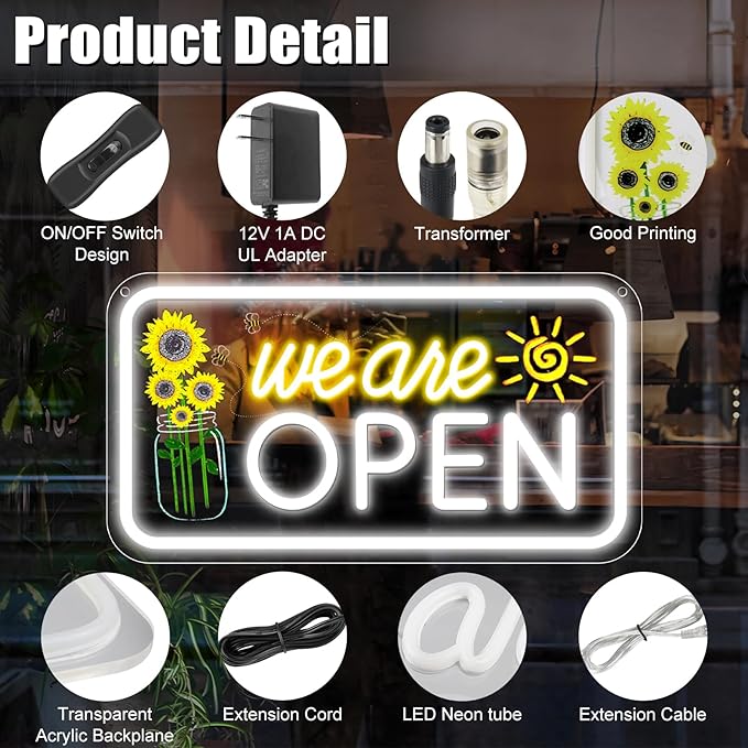 Neon We are Open Signs for Business, 16.5x9'' Open Sign with Printed Flower and Sun, with ON/OFF Switch & Adapter, Daylight White, Ideal for Window, Party, Wall, Bars, Coffee Shops, Salons, Clubs, Hotels
