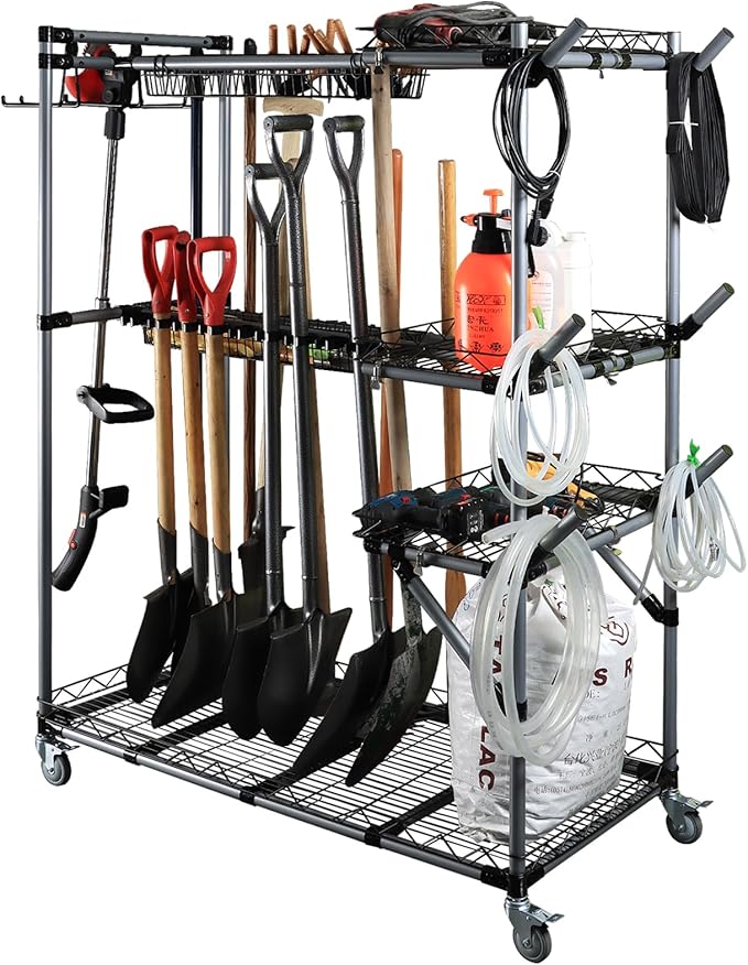 BIG Garden Tool Organizer with Wheels - Rolling Storage Rack - Multifunctional Cart