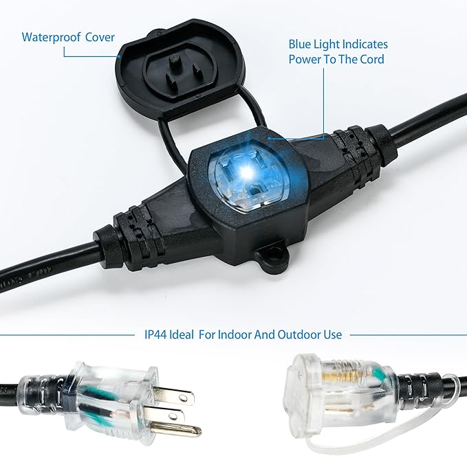 50FT 14 Gauge Heavy Duty Multi-Outlet Extension Cord, 7 Evenly Spaced Weatherproof Outlets, Great for Stage Backdrops, Landscape Garden Lighting, Christmas Halloween Decorations ETL