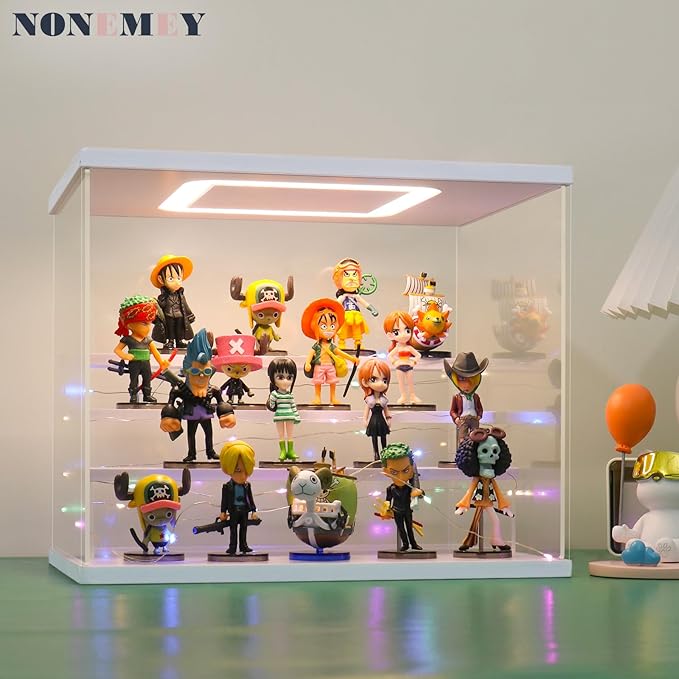 NONEMEY Clear Acrylic Display Case Stand with Led Light 2/3/4/5/6 Tier Storage Box Showcase Dustproof Organizer Box for Collectibles (White 3Tier 12.4*7*9inch)