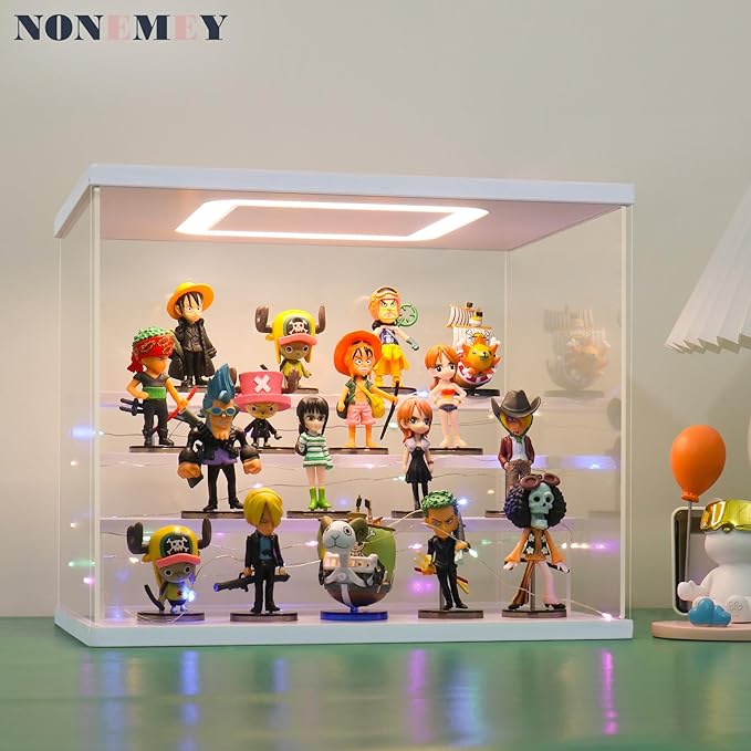NONEMEY Clear Acrylic Display Case Stand with LED Light 2/3/4/5/6 Tier Storage Box Showcase Dustproof Organizer Box for Collectibles (White 5Tier 12.4*12.2*12inch )