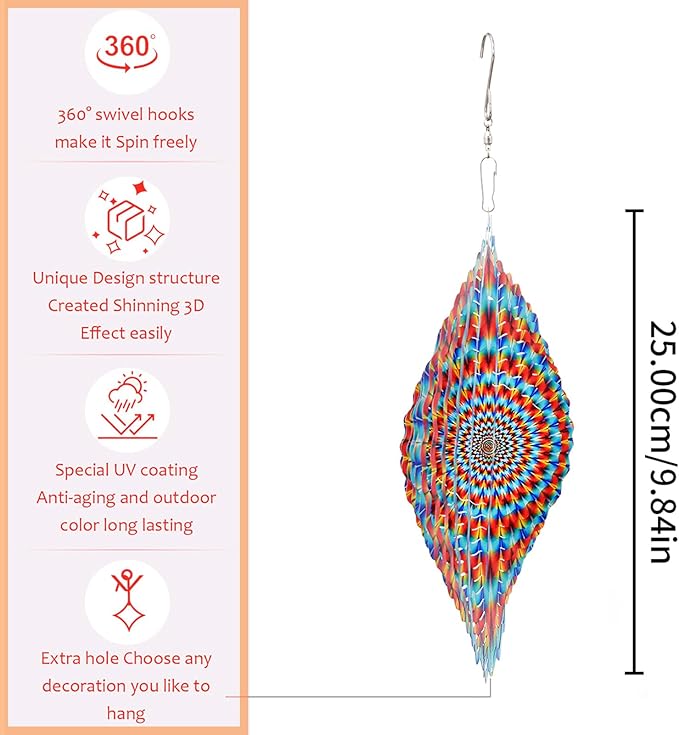 3D Wind Spinner Rainbow Mandala Stainless Steel Metal Wind Spinner Kinetic Metal Art Multi-Color Geometric Pattern Hanging Ornament for Yard Garden Patio