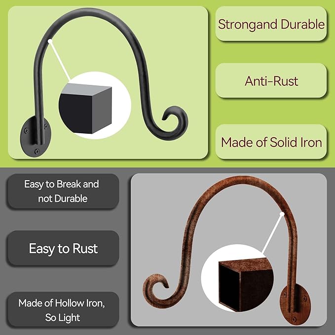 AJART Hanging Plant Hanger Outdoor: Bird Feeder Wall Hooks - 8 Inch Plant Bracket Hook for Hanging Flower Baskets 4 Pieces