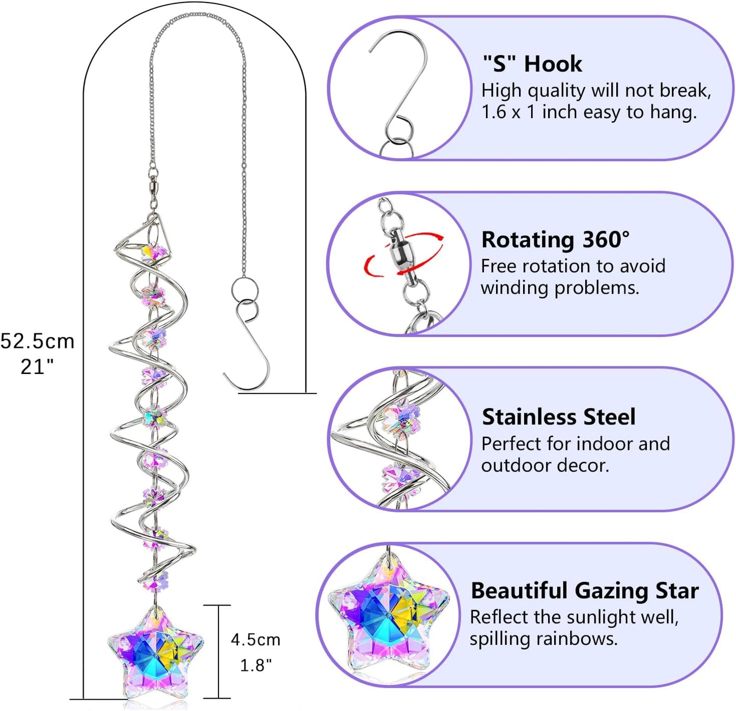H&D HYALINE & DORA 21inch Crystal Suncatcher for Window Hanging Double-Spiral Design Gazing Ball Spiral Tail Wind Spinners Sun Catchers Rainbow Maker Indoor Outdoor Christmas Decoration