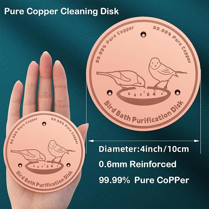 2-Pack 99.99% Pure Copper Bird Bath Purification Disk,Copper Disc with Stable Triple-Point Support,Fits All Outdoor Bird Baths(Round)