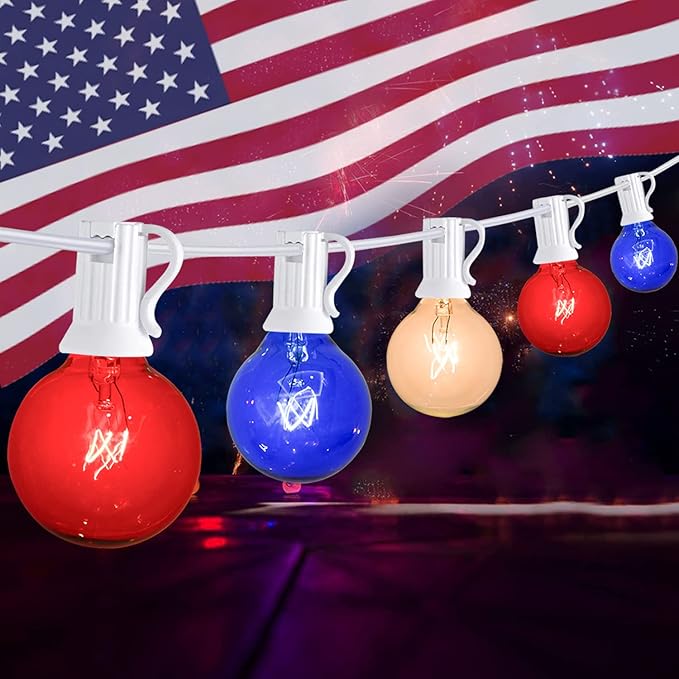 4th of July Decorations String Lights, 25Ft Outdoor Patio String Lights with 27 G40 Red White and Blue Light Bulbs(2 Spare), Multcicolor Christmas Lights for Patriotic Party Garden Festival Decor