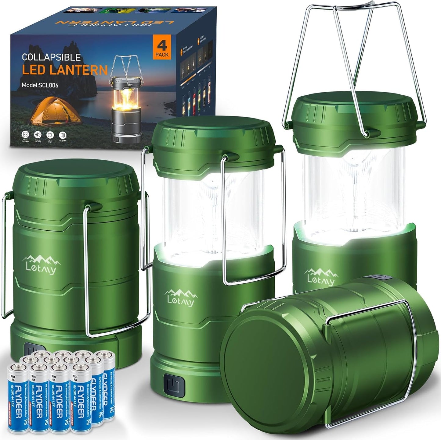 LETMY LED Camping Lantern for Power Outages, 3 Color Modes & Dimmable Battery Powered Lantern, IPX4 Waterproof & Collapsible, Lanterns Flashlight Survival Kits for Emergency Hurricane Hiking, 4 Pack
